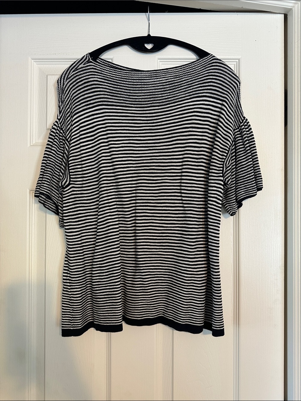 LOFT Black & White Striped Short Sleeve Top with Flutter Sleeves